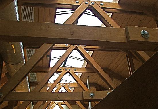 Truss detailing, Vashon Dental Clinic, an energy efficient sustainable building using solar energy for heating and lighting, from Design Northwest