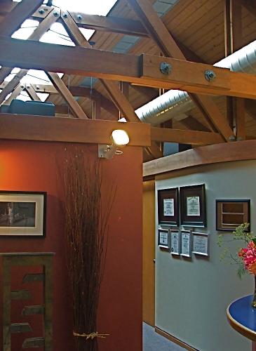 Reception area of the Vashon Dental Clinic, an energy efficient sustainable building using solar energy for heating and lighting, from Design Northwest